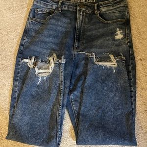 AE Stretch Highest Waist Mom Jean. Ripped step hem.  Size Regular 14.